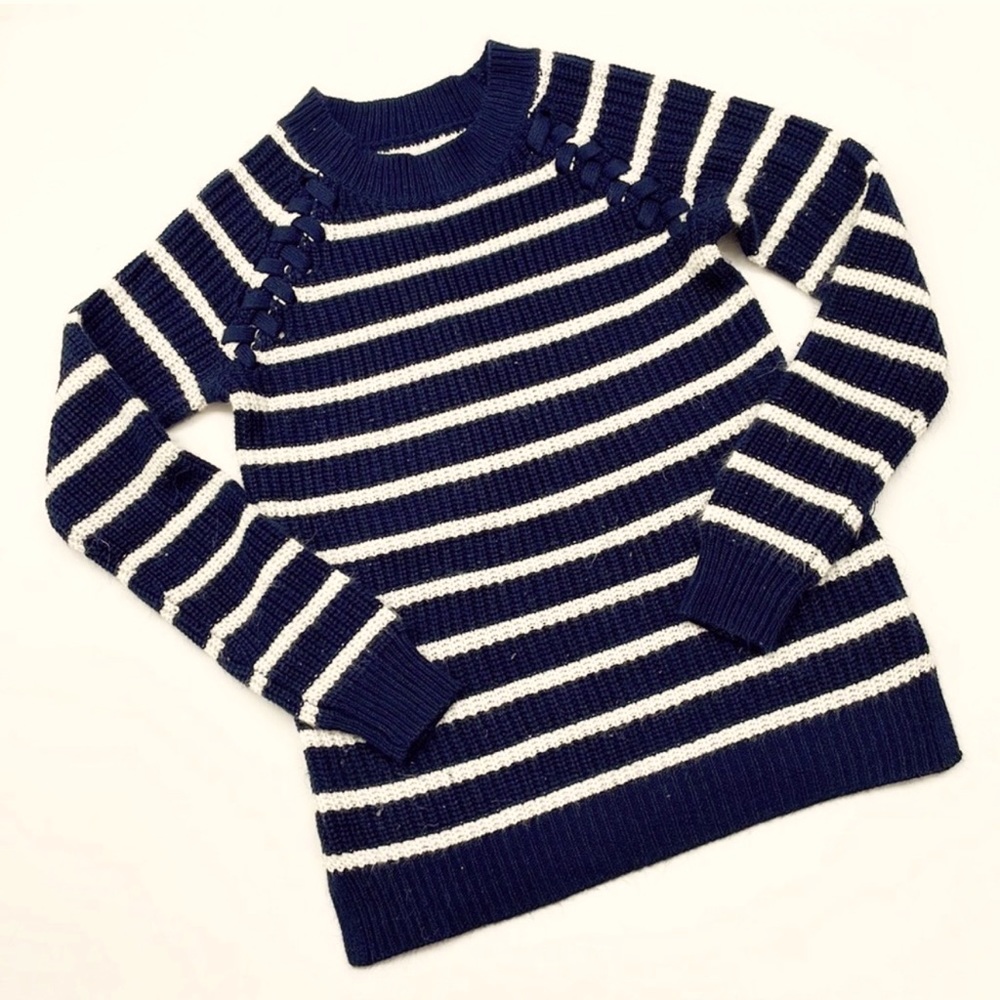 SO Navy Blue/White Striped Lace Up Knit Pullover Sweater Size L